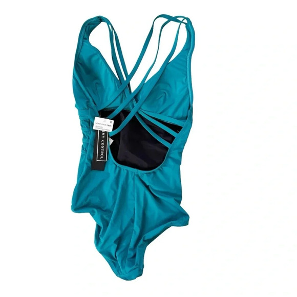 La Blanca Tummy Control Island Goddess One Piece Swimsuit Teal Blue Size 4 NWT - Picture 4 of 10